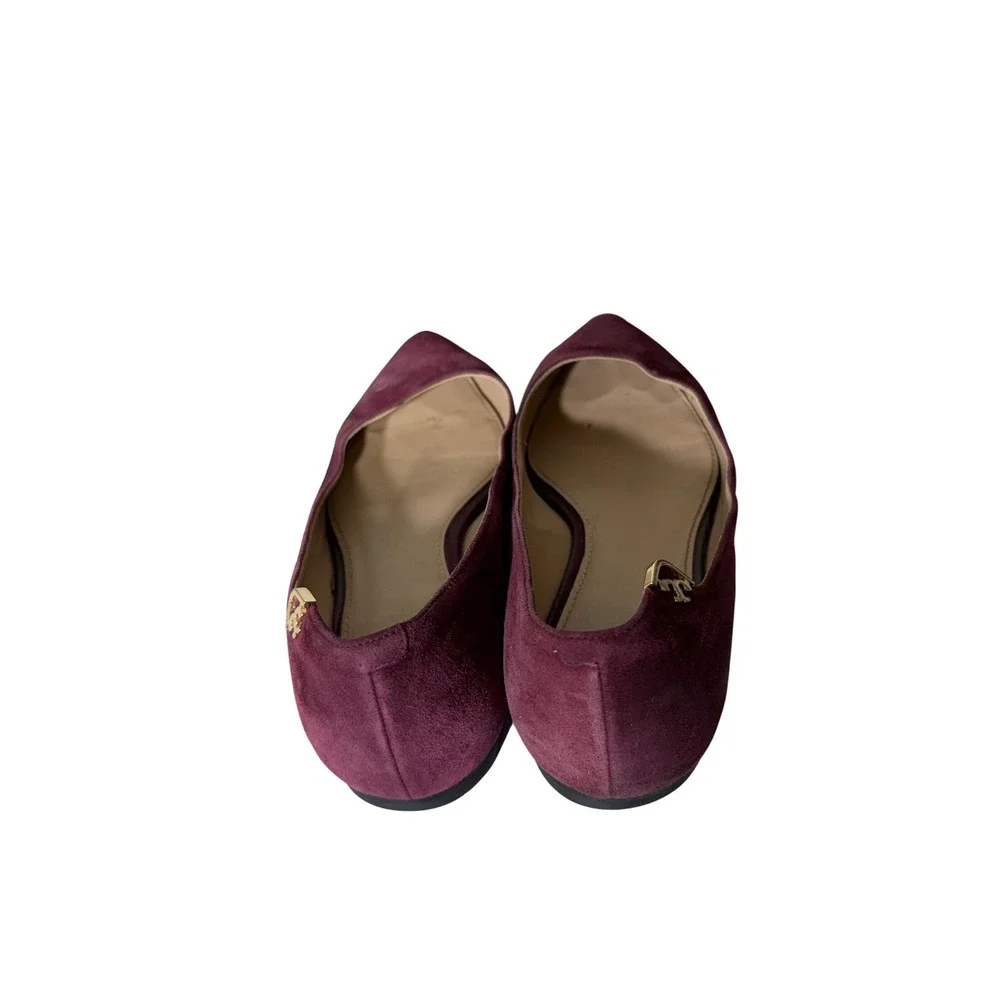 Tory Burch Burgundy Suede Pointed Toe‎ Flats Gold Logo Heel Size 7M Wine Plum
